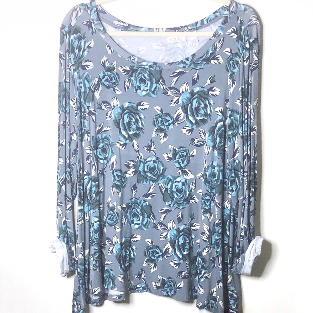 LOGO By Lori Goldstein Floral Blue Knit Top XL